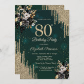 Glitter Drips Black Roses Green 80th Birthday  招待状 (正面/裏面)