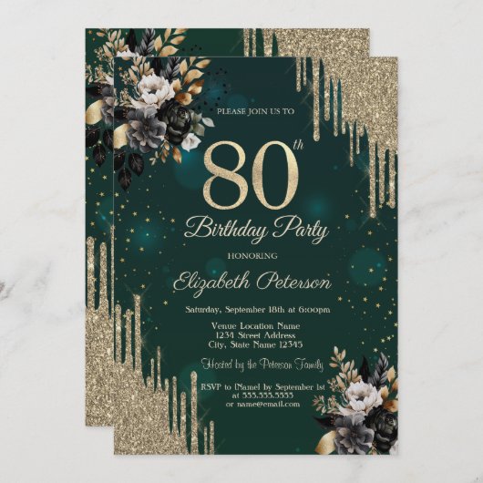 Glitter Drips Black Roses Green 80th Birthday  招待状 (正面/裏面)