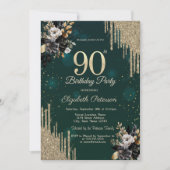 Glitter Drips Black Roses Green 90th Birthday  招待状 (正面)