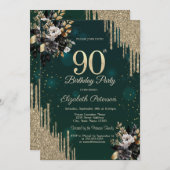 Glitter Drips Black Roses Green 90th Birthday  招待状 (正面/裏面)