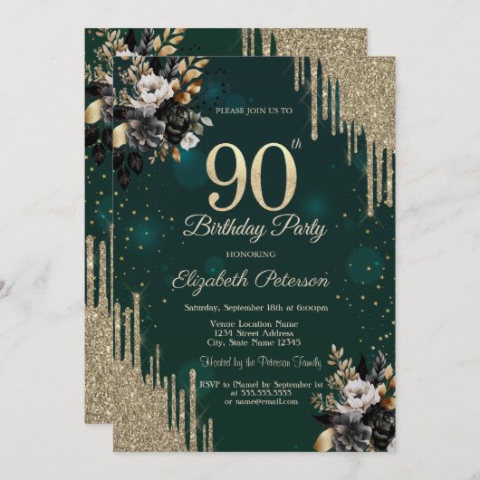 Glitter Drips Black Roses Green 90th Birthday  招待状 (正面/裏面)