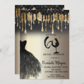 Glitter Drips Dress Wine Glass Gold 60th  招待状 (正面/裏面)