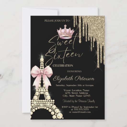 Glitter Drips,Eiffel Tower Bow Crown Sweet 16  招待状 (正面)