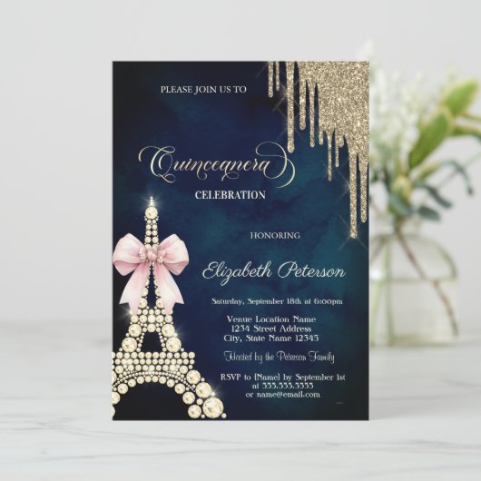 Glitter Drips,Eiffel Tower Bow Navy Blue  招待状 (スタンド正面)