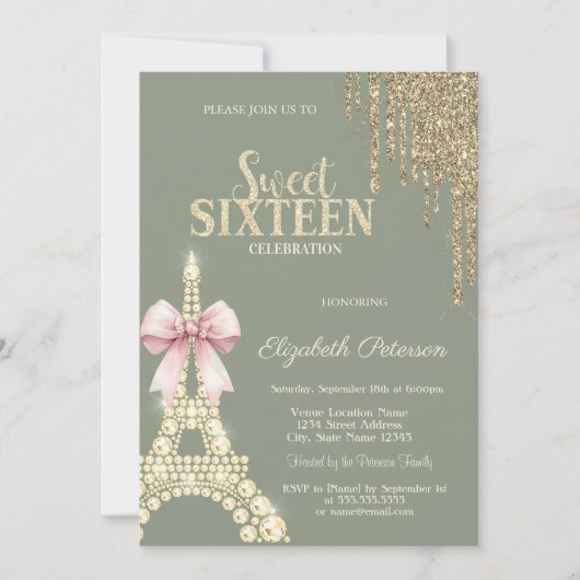 Glitter Drips,Eiffel Tower Bow Sage GreenSweet 16  招待状 (正面)