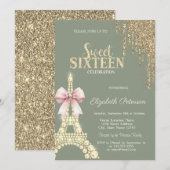 Glitter Drips,Eiffel Tower Bow Sage GreenSweet 16  招待状 (正面/裏面)