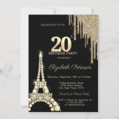 Glitter Drips,Eiffel Tower Diamonds 20th Birthday 招待状 (正面)
