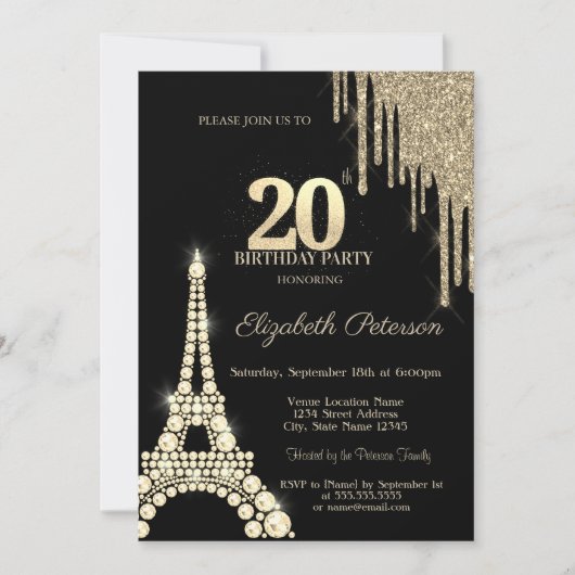 Glitter Drips,Eiffel Tower Diamonds 20th Birthday 招待状 (正面)