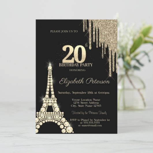 Glitter Drips,Eiffel Tower Diamonds 20th Birthday 招待状 (スタンド正面)