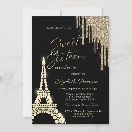 Glitter Drips,Eiffel Tower Diamonds Sweet 16 招待状 (正面)