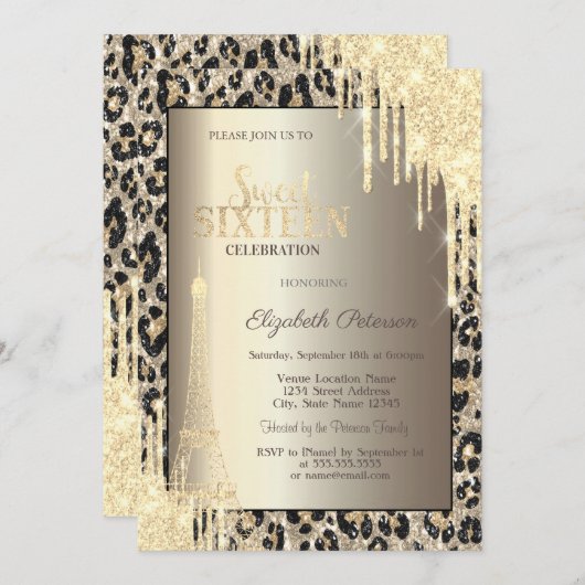 Glitter Drips, Eiffel Tower Leopard Print Sweet 16 招待状 (正面/裏面)