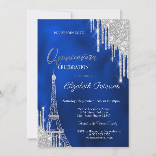 Glitter Drips, Eiffel Tower Royal Blue Quinceañera 招待状 (正面)