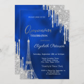 Glitter Drips, Eiffel Tower Royal Blue Quinceañera 招待状 (正面/裏面)