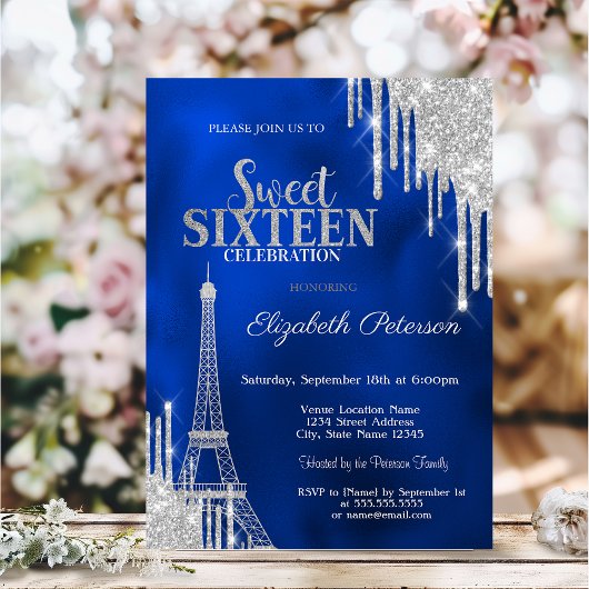 Glitter Drips, Eiffel Tower Royal Blue Sweet 16 招待状