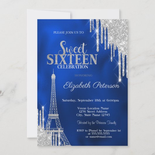 Glitter Drips, Eiffel Tower Royal Blue Sweet 16 招待状 (正面)