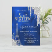 Glitter Drips, Eiffel Tower Royal Blue Sweet 16 招待状 (スタンド正面)