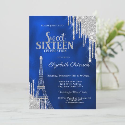 Glitter Drips, Eiffel Tower Royal Blue Sweet 16 招待状 (スタンド正面)