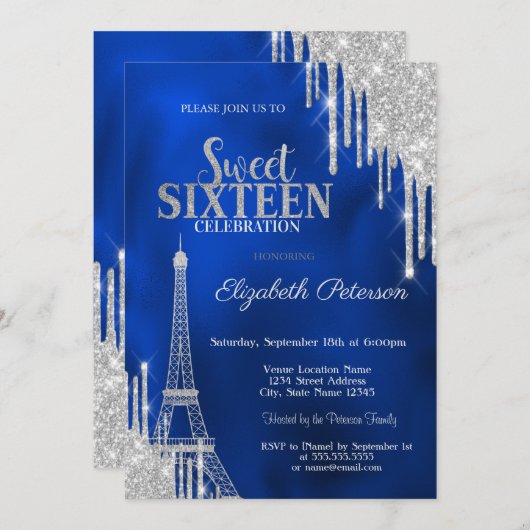 Glitter Drips, Eiffel Tower Royal Blue Sweet 16 招待状 (正面/裏面)