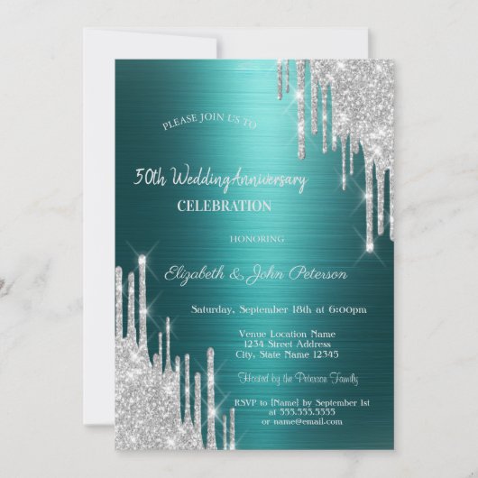 Glitter Drips Green Wedding Anniversary 招待状 (正面)