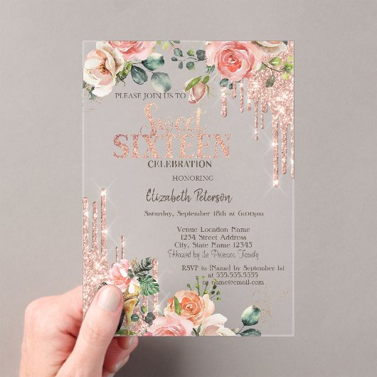 Glitter Drips Rose Gold High Heels Roses Sweet 16  アクリル招待状 (インサイチュ (ポータブル))