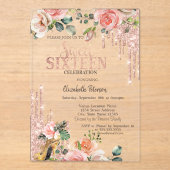 Glitter Drips Rose Gold High Heels Roses Sweet 16  アクリル招待状 (正面)