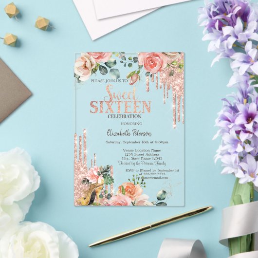 Glitter Drips Rose Gold High Heels Roses Sweet 16 アクリル招待状 (インサイチュ (ウェディング))