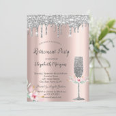 Glitter Drops,Glass, Floral Rose Gold Retirement 招待状 (スタンド正面)