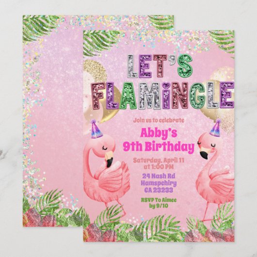 Glitter Flamingle Sequin Girl Birthday  招待状 (正面/裏面)