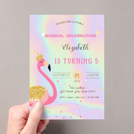Glitter Flamingo, Holographic Birthday アクリル招待状 (インサイチュ (ポータブル))