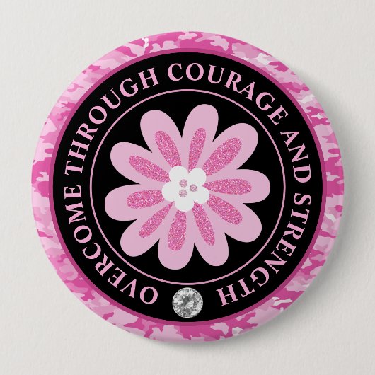 Glitter Flower Camouflage Breast Cancer Awareness 缶バッジ (正面)