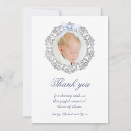 Glitter Frame Blue Bow Baptism Thank You Card 招待状