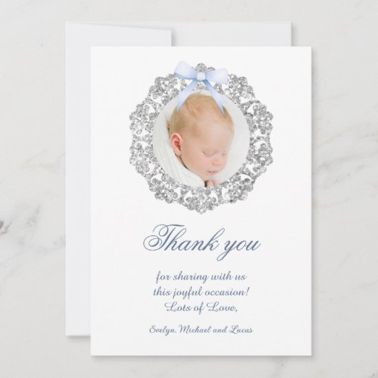 Glitter Frame Blue Bow Baptism Thank You Card 招待状 (正面)