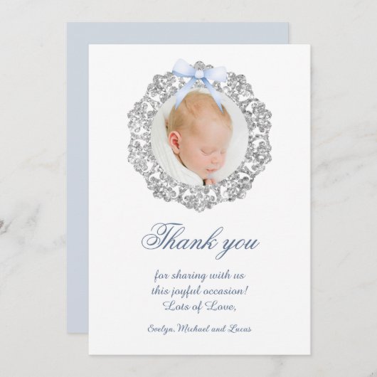 Glitter Frame Blue Bow Baptism Thank You Card 招待状 (正面/裏面)