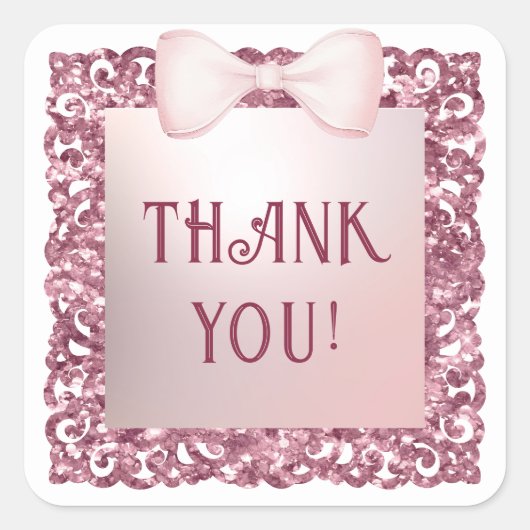 Glitter Frame Pink Bow Thank You Sticker スクエアシール (正面)
