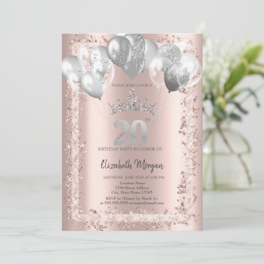 Glitter Frame,Silver Crown,Balloons 20th Birthday 招待状 (スタンド正面)