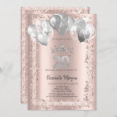 Glitter Frame,Silver Crown,Balloons 20th Birthday 招待状 (正面/裏面)