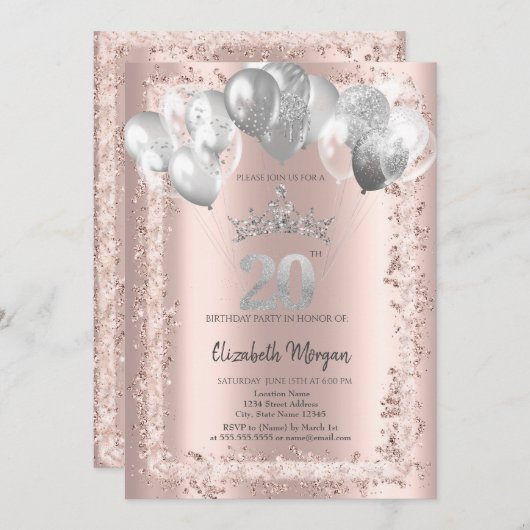 Glitter Frame,Silver Crown,Balloons 20th Birthday 招待状 (正面/裏面)