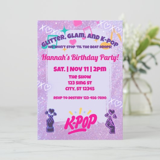 Glitter, Glam, & K-Pop Birthday Party 招待状 (スタンド正面)