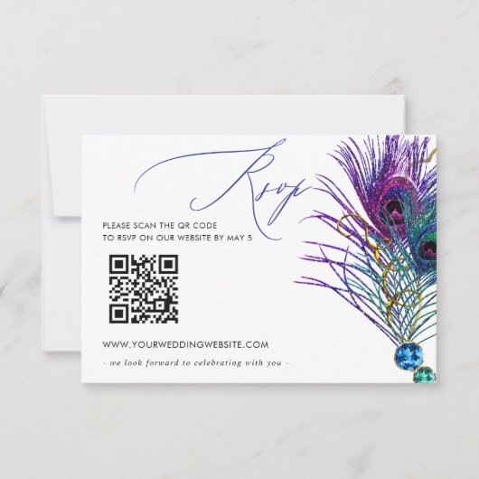 Glitter Gold Blue Purple Peacock Plume QR CODE 出欠カード (正面)