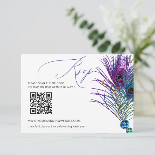 Glitter Gold Blue Purple Peacock Plume QR CODE 出欠カード (スタンド正面)