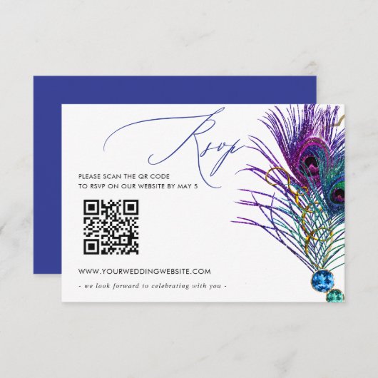 Glitter Gold Blue Purple Peacock Plume QR CODE 出欠カード (正面/裏面)