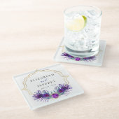 Glitter Gold Blue Purple Peacock Plume Wedding ガラスコースター (アングル)