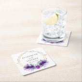 Glitter Gold Blue Purple Peacock Plume Wedding スクエアペーパーコースター (インサイチュ)