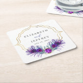 Glitter Gold Blue Purple Peacock Plume Wedding スクエアペーパーコースター (アングル)