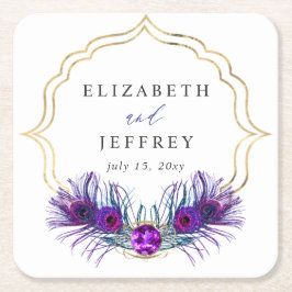 Glitter Gold Blue Purple Peacock Plume Wedding スクエアペーパーコースター