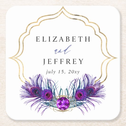 Glitter Gold Blue Purple Peacock Plume Wedding スクエアペーパーコースター (正面)