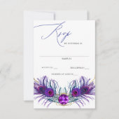 Glitter Gold Blue Purple Peacock Plume Wedding  出欠カード (正面)