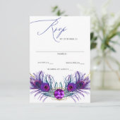 Glitter Gold Blue Purple Peacock Plume Wedding  出欠カード (スタンド正面)