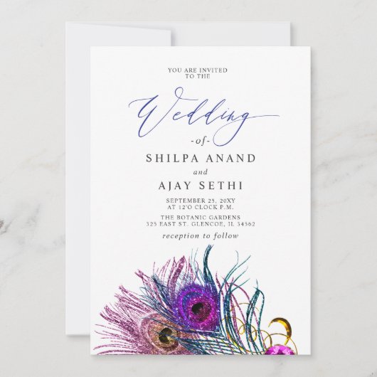 Glitter Gold Blue Purple Peacock Plume Wedding 招待状 (正面)