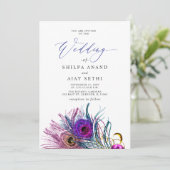 Glitter Gold Blue Purple Peacock Plume Wedding 招待状 (スタンド正面)